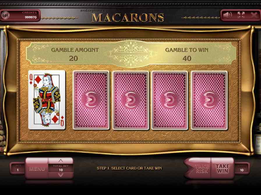 Игрок должен выбрать ценную карту, чтобы выигрыш удвоился Рискованный раунд онлайн слота Macarons (Endorphina)